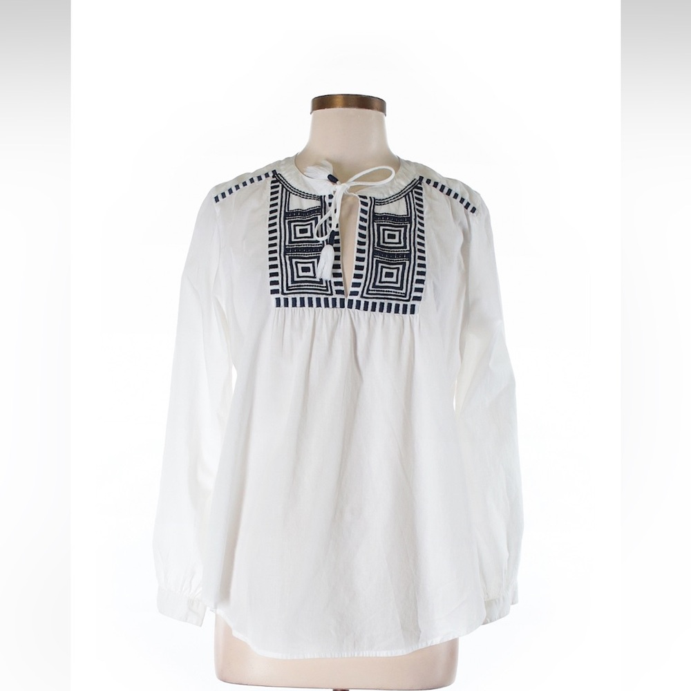 J.Crew White &Blue Embroidered Women's Top Size M